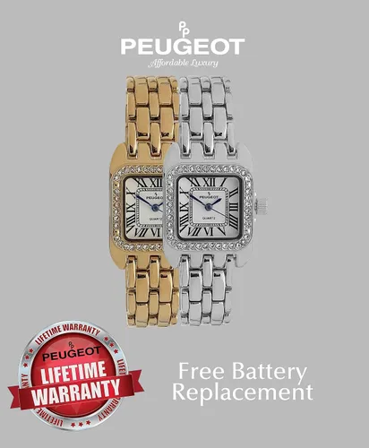 Vista 6 de Peugeot - Reloj con forma de tanque para mujer con pulsera de eslabones de pantera, reloj de vestir con bisel de cristal y esfera de números romanos