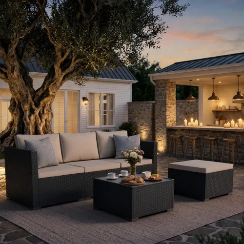 Vista 7 de Skyfish Juego de muebles de patio, reposabrazos anchos, sofá modular de mimbre para todo tipo de clima, 5 piezas para exteriores con diván, juego