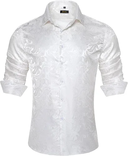 Vista 54 de DiBanGu Camisa de vestir de paisley de seda para hombre, formal, de manga larga, con cuello abotonado, camisas informales para fiesta de boda Negro