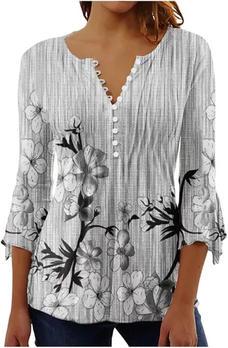 Vista 51 de Ceboyel Blusa tipo túnica con estampado floral para mujer, con botones, estilo Henley, con manga de codo, casual, trajes de moda para mujer