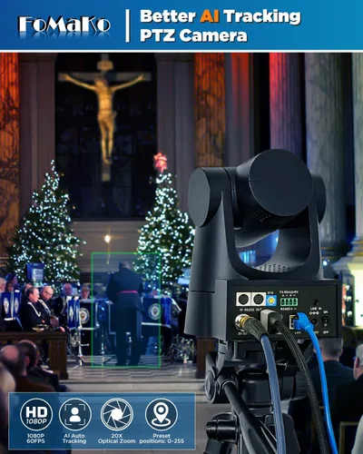 Vista 2 de FoMaKo Cámara PTZ HDMI, Seguimiento Automático AI Gen 3, Zoom Óptico 20x, Colores Fieles a la Vida, PoE, Cámara PTZ HDMI para Servicios de Iglesia