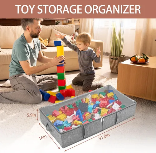 Vista 2 de Paquete de 2 cajas de almacenamiento de juguetes debajo de la cama, organizador de juguetes gris con tapa de PVC transparente, contenedores