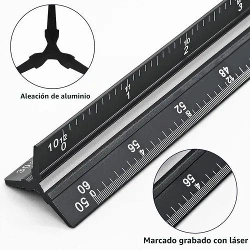 Vista 3 de Regla de escala para ingenieros de 12 pulgadas, regla triangular de ingeniería de aluminio sólido con grabado láser, herramienta de dibujo con Negro
