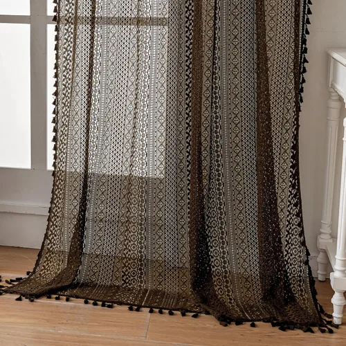 Vista 26 de WAZZIO Cortinas de Encaje, Cortina Boho de Crochet para Dormitorio, Cortinas de Café de Algodón, 45 Pulgadas de Largo, 2 Paneles con Bolsillo