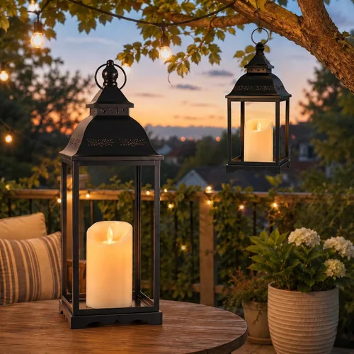 Vista 5 de Decorative Candle Lanterns Set of 2, Black Metal for Indoor & Outdoor Negro