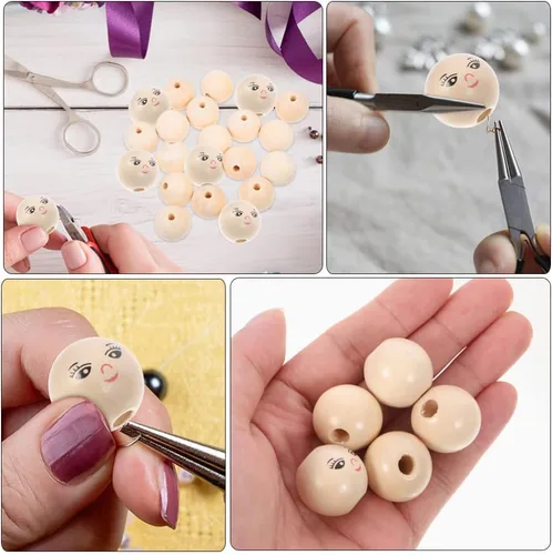 Vista 5 de Sewroro 50 cuentas de madera de cara sonriente, cuentas de madera redondas espaciadoras con agujero, cuentas de cabeza de muñeca para niñas, cuentas
