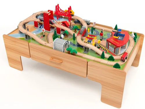 Vista 11 de HONEY JOY Mesa de tren, mesa de actividades de madera para niños con cajón de almacenamiento, 100 piezas multicolores, pistas, trenes, autos, juego
