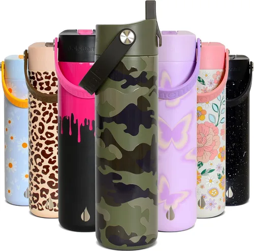 Vista 22 de Elemental Botella de agua aislada de 24 onzas con popote, botellas de agua con núcleo de acero inoxidable 100% a prueba de fugas para viajes, Beige