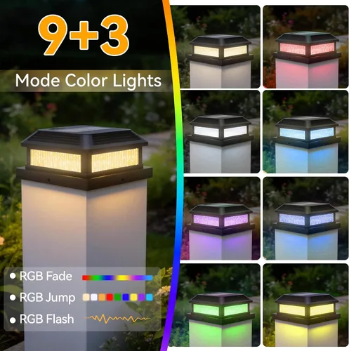 Vista 3 de LumiZen Paquete de 12 luces solares para tapa de poste con control remoto, 9 modos de cambio de color RGB y modos de flujo multicolor fácilmente