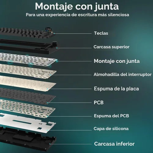 Vista 8 de TECWARE Spectre 75% Teclado mecánico RGB para juegos Pantalla LCD personalizable Modo inalámbrico tri con perilla Montaje con junta Zócalos