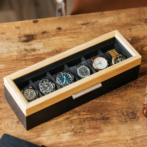 Vista 6 de CASE ELEGANCE Pino de dos tonos y base negra con mango de aluminio moderno caja de reloj de 6 ranuras con vidrio real