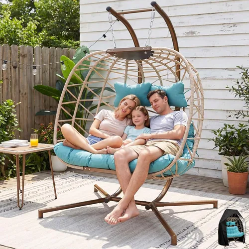Vista 13 de NICESOUL Cómoda y cómoda silla de mimbre para exteriores con soporte, sillas plegables para patio con cojín, hamaca resistente de 350 libras