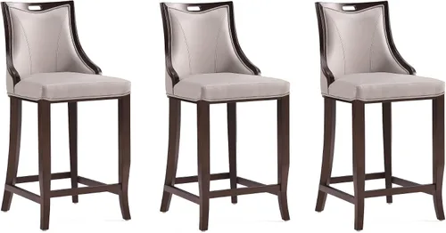 Vista 16 de Manhattan Comfort Emperor Taburetes de bar de cuero vegano con respaldo, acolchado de espuma y marco de madera de haya maciza, taburete de bar bronce