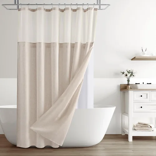 Vista 10 de Naturoom Cortina de ducha de lino de 72 pulgadas para baño, color beige y blanco, doble capa