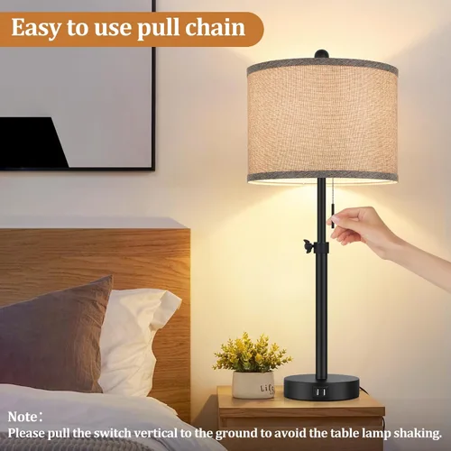 Vista 6 de Kondras Table Lamps for Bedroom Set of 2, 23''-30'' Adjustable Height Bedside Lamps with 2 USB Ports, Black Nightstand Lamps with Grey Linen Shade