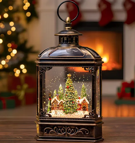 Vista 28 de Gnomos de Navidad de 10 pulgadas, linterna de globo de nieve iluminada, caprichoso árbol de Navidad y elfo escandinavo, linterna de agua musical