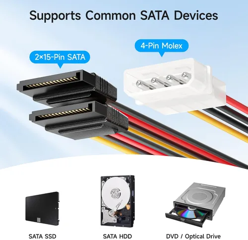 Vista 3 de Cable Matters Paquete de 3 adaptadores de cable en Y de alimentación Molex a SATA dual de 4 pines, cable divisor de alimentación SATA LP4 de 6
