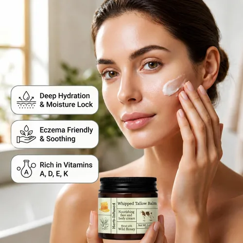 Vista 3 de BAISEN DIARY Tallow de ternera para la piel - Crema hidratante facial natural batida y bálsamo de miel, sebo orgánico alimentado con hierba, bálsamo