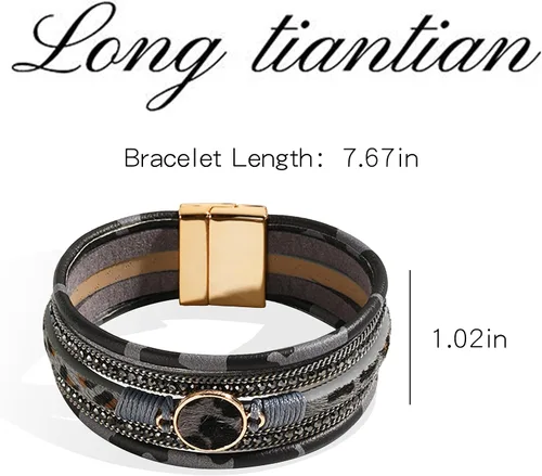 Vista 5 de Long tiantian Pulsera de leopardo para mujer, pulsera apilada con cierre multicapa de cuero bohemio con cristal de perla
