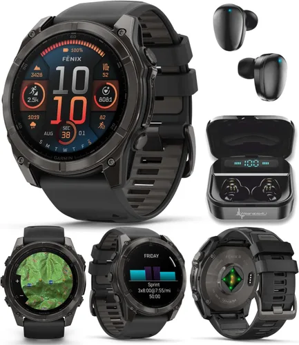 Vista 24 de Garmin Fenix 0.315 – 1.693 in Zafiro, AMOLED Multisport GPS Smartwatch, gris carbón DLC titanio con silicona negro/gris guijarro, linterna LED fenix