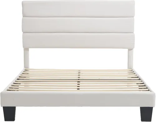 Vista 8 de Armazón de Cama de Plataforma Tamaño Full, Armazón de Cama con Cabecera de Tela Suave con Listones de Madera Resistentes – Moderno y Sin Ruido, Base