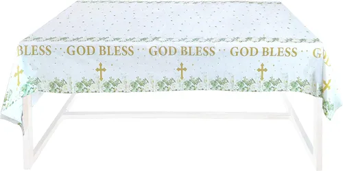 Vista 2 de Makarios Mantel de bautismo, Dios bendiga, cruz, mantel de primera comunión (verde)