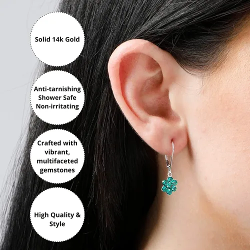 Vista 3 de MAX + STONE - Aretes colgantes de flores de oro blanco o amarillo de 14 quilates para mujer con respaldo de palanca y piedras natales, Metal Gema