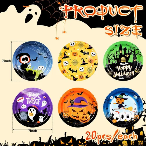 Vista 2 de Uiifan 120 platos redondos de papel de Halloween, fantasmas, calabaza, calavera, araña, diseño de telaraña, para suministros de decoración de fiesta