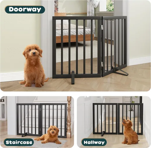 Vista 5 de Semiocthome Puertas de bambú para perros para interiores, puertas independientes de 2 paneles para cachorros para la casa con 2 soportes de metal