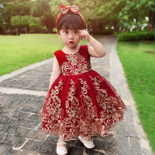 Vista 4 de 0-6T - Vestido de tutú de encaje bordado con lentejuelas y lazo grande para fiestas de bebé y niñas pequeñas con tocado