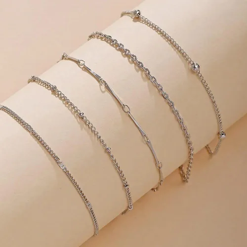 Vista 3 de Woent Tobilleras bohemias con cuentas de plata multicapa de cadena de cuentas, pulseras tobilleras accesorios de playa, joyería de pie ajustable