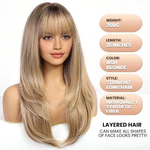 Vista 4 de EMMOR Peluca rubia con flequillo para mujer, pelucas largas y lacias, peinado sintético en capas para niñas, fiesta, cosplay y uso diario