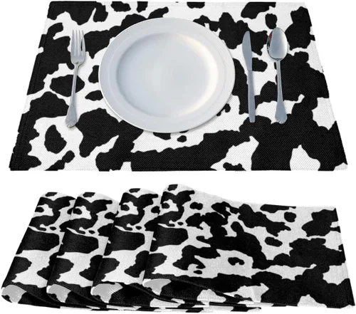 Vista 2 de Juego de 4 manteles individuales con estampado de vaca, lavables, impermeables, para decoración de mesa de comedor, 18 x 12 pulgadas