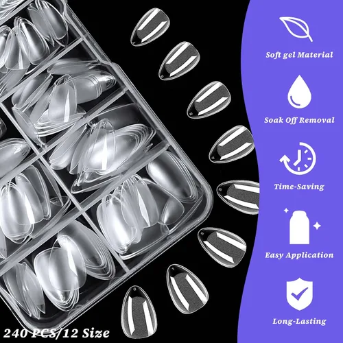 Vista 4 de 240 piezas de puntas de uñas de gel extra cortas de almendra, uñas postizas de almendra claras, XS, puntas de uñas cortas de almendra, uñas