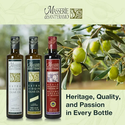 Vista 7 de MASSERIE DI SANTERAMO Aceite de oliva virgen extra sabroso, 8.5 FZ Cold-pressed extra virgin olive oil from Coratina olives. Robust, fruity flavor
