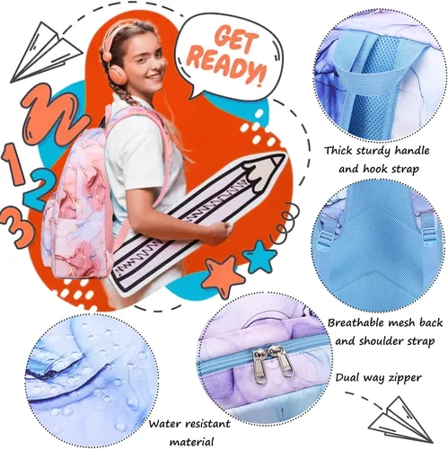 Vista 4 de Jumpopack Mochila escolar para adolescentes y niñas, mochila con lonchera, mochilas para niños para escuela primaria, bolsa de libros (azul mármol)