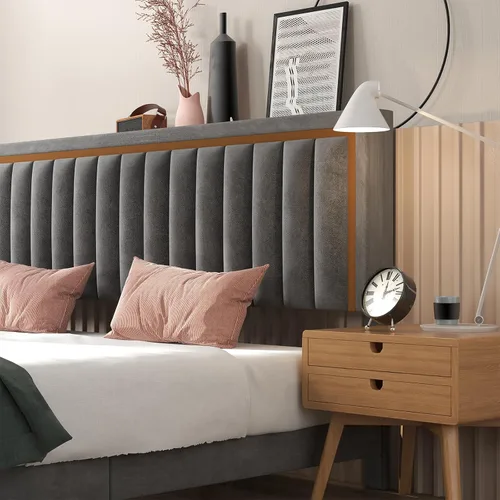 Vista 5 de Cama de plataforma tapizada de terciopelo tamaño Queen con diseño de ribete dorado, diseño sin ruido, base resistente con listones de madera, no Gris