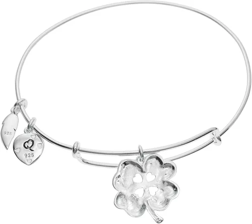 Vista 3 de Qina C Pulsera ajustable de plata de ley con 4 hojas de trébol de corazón con texto en inglés Forever Today Tomorrow, Plata de ley Plata