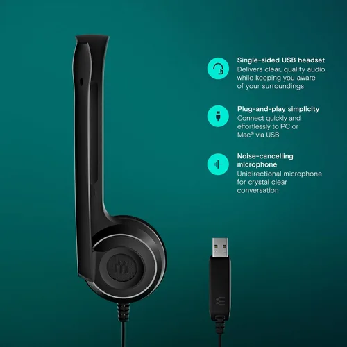 Vista 3 de EPOS Auriculares USB con cable PC 7 – Micrófono ligero con cancelación de ruido, audio de banda ancha, USB-A Plug-and-Play, llamadas nítidas