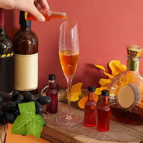 Vista 6 de Tessco for you Paquete de 75 botellas de licor de plástico de 1.7 onzas con tapa negra, botellas vacías de plástico de 1.7 onzas líquidas de alcohol