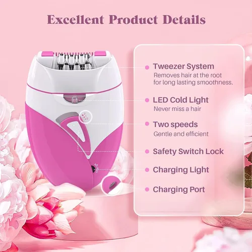 Vista 6 de Depiladora para mujeres, depiladora de deslizamiento suave, removedor de vello facial para mujeres con 2 velocidades y luz LED, depiladora eléctrica
