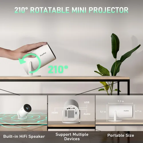 Vista 7 de Proyector Li White y aplicaciones integradas: Mini proyector XuanPad con Wi-Fi y Bluetooth, proyector portátil inteligente Full HD 1080P con soporte