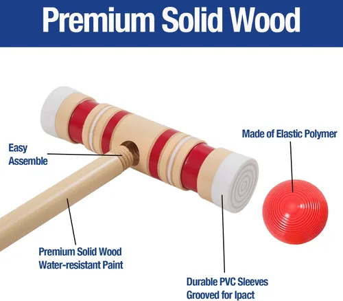 Vista 4 de Juego de croquet para adultos de 28 pulgadas con mazos de madera, bolas de colores, bolsa de transporte resistente para adultos y niños, perfecto