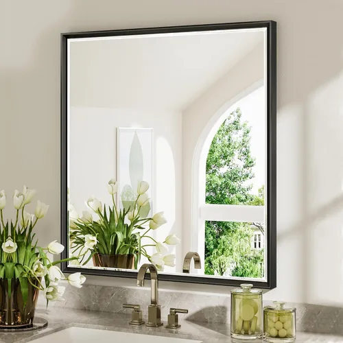 Vista 44 de Espejo de baño negro, espejo de baño biselado de 16 x 24 pulgadas para pared, espejo con marco negro antioxidante para decoración de baño, sala