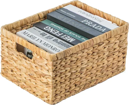 Vista 8 de Cesta rectangular de mimbre de jacinto de agua tejido natural con asas, organizador de almacenamiento pequeño, bandeja de cesta poco profunda de 12