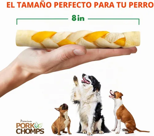 Vista 4 de Pork Chomps Piel de Cerdo Asada para Perros para Masticación, Trenza de 8 Pulgadas, Sabor a Mantequilla de Cacahuete, 1 Unidad (Paquete de 3)