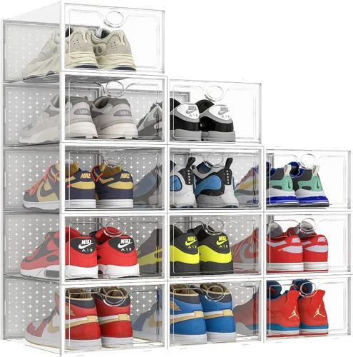 Vista 9 de Pinkpum Paquete de 12 cajas de almacenamiento de zapatos XXL para talla 14, organizador de zapatos apilable de plástico transparente para armario