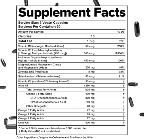 Vista 6 de Complement Multivitamínico vegano esencial para mujeres y hombres - Suplemento de apoyo inmunológico con Omega-3 DHA y EPA, B12, vitamina D3 y K2