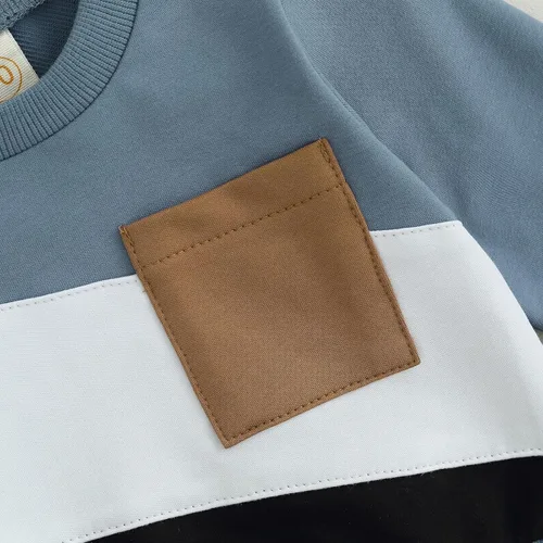 Vista 5 de BeQeuewll Ropa para bebé niño de otoño e invierno, 2 piezas, bloque de color, sudadera y pantalones con cuello redondo