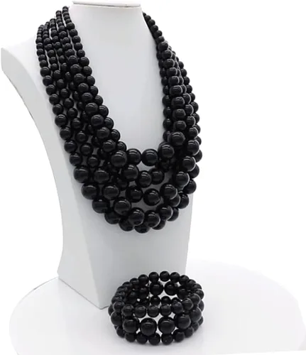 Vista 6 de JNF Collares grandes de perlas de imitación para mujer, collar de perlas de múltiples hebras, pulsera y aretes, collar de perlas para disfraz Negro